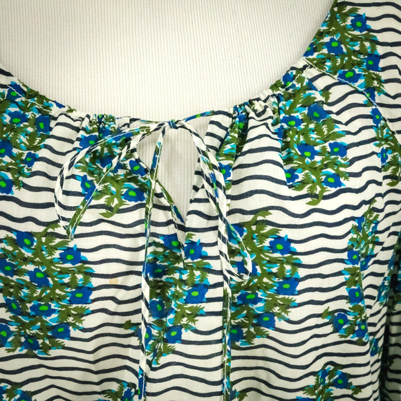 Tory Burch Size 8 Evelina Cotton Voile Stripe Floral Print Scoop Tie Cotton Top - Picture 2 of 7